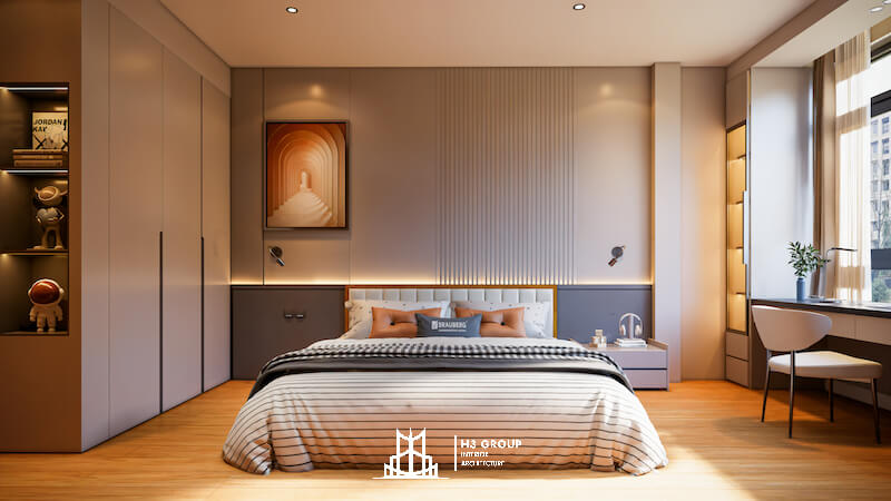 Nội thất bố trí gọn gàng, kết hợp bàn làm việc cạnh cửa sổ giúp tận dụng ánh sáng tự nhiên và tăng tính tiện nghi cho sinh hoạt hằng ngày