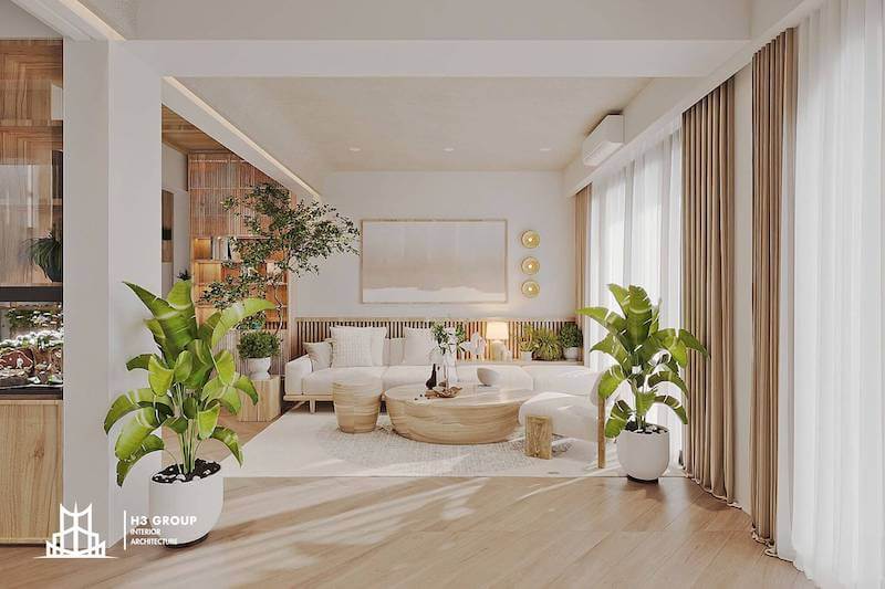 Nội thất bo tròn tối giản và ánh sáng tự nhiên tràn ngập qua lớp rèm mỏng, tạo cảm giác ấm áp, thư giãn đặc trưng của Scandinavian