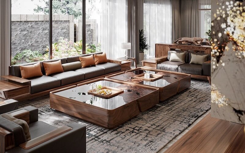 Phòng khách ghi dấu ấn với bộ sofa và bàn trà gỗ óc chó nguyên khối kết hợp mặt kính phản chiếu tinh tế, tôn lên vẻ sang trọng hiện đại