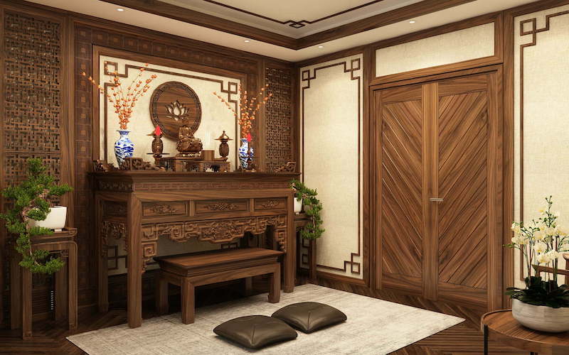 Phòng thờ sử dụng gỗ óc chó chạm khắc tinh xảo kết hợp hoa văn truyền thống đối xứng, tạo nên không gian trang nghiêm, ấm cúng và đậm bản sắc Á Đông