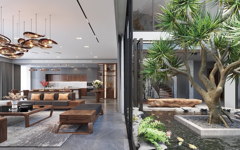 Thiết kế phong cách xanh mở rộng không gian bằng mảng kính lớn kết nối hồ cá và cây xanh, kết hợp nội thất gỗ ấm áp đầy hài hòa