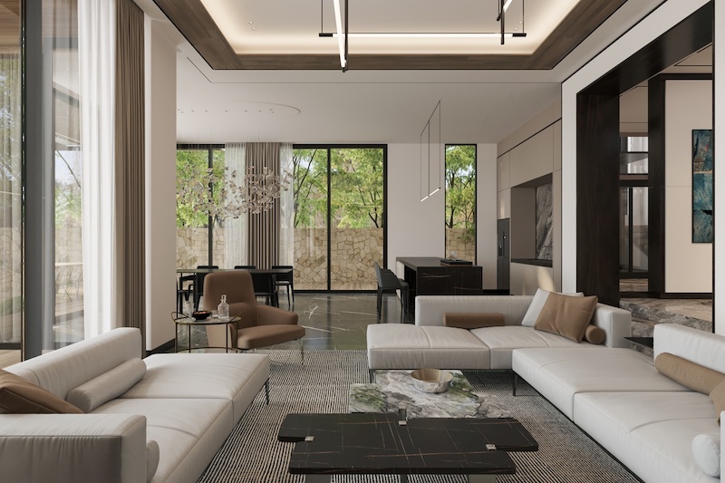 Không gian nổi bật với mảng kính lớn mở ra sân vườn xanh mát, đưa thiên nhiên tràn ngập vào phòng khách, tạo cảm giác thư thái và kết nối trong ngoài