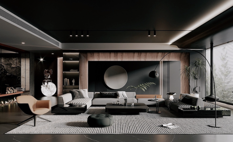 Hệ trần phẳng tích hợp đèn rọi ray và dải LED hắt sáng giúp ánh sáng phân tầng rõ ràng, làm nổi bật từng khu vực chức năng