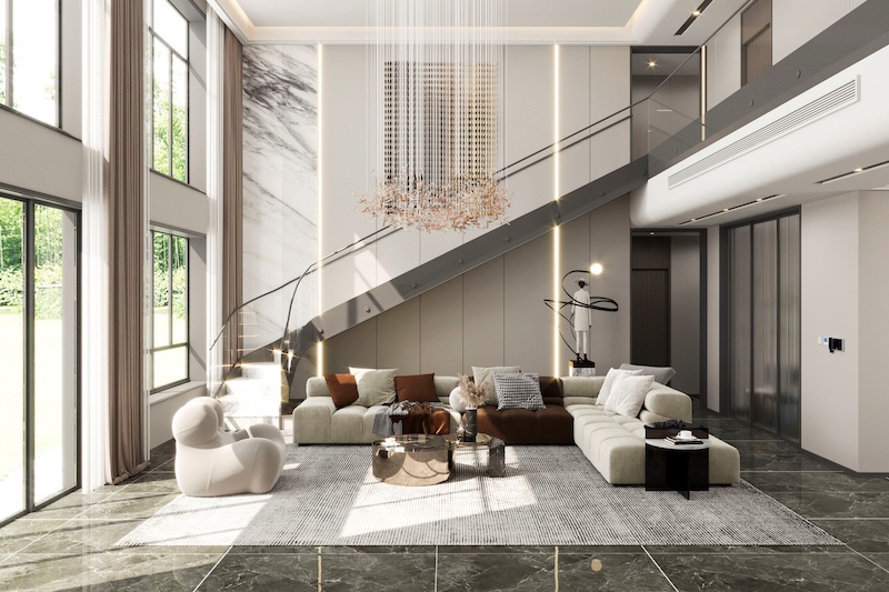 Cầu thang bay với lan can kính trong suốt giúp không gian nhẹ và thanh thoát, đường chéo mạnh mẽ của cầu thang tạo điểm nhấn hình khối, làm tổng thể trở nên năng động hơn