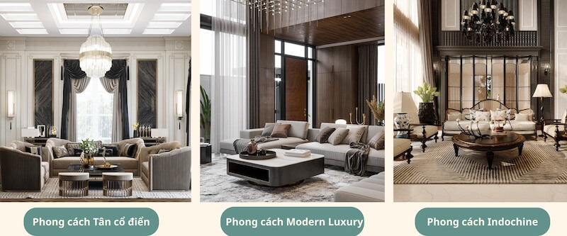 Tân cổ điển, Modern Luxury và Indochine là 3 phong cách được sử dụng phổ biến ở thiết kế nội thất biệt thự song lập