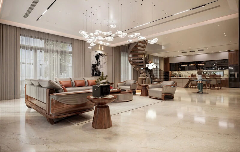 Đối với biệt thự song lập, thiết kế phòng khách liên thông bếp giúp mở rộng tầm nhìn, tăng chiều sâu không gian và tận dụng tối đa ánh sáng tự nhiên