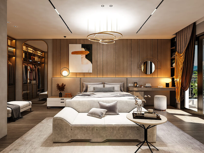 Biệt thự song lập nên đầu tư thiết kế phòng ngủ Master để tạo không gian riêng tư sang trọng, nâng cao trải nghiệm nghỉ ngơi và thể hiện đẳng cấp gia chủ