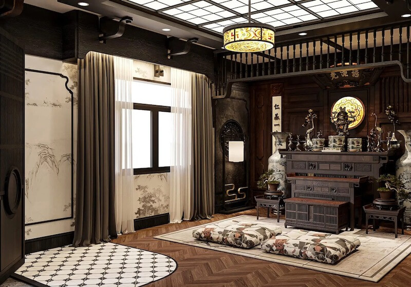 Phòng thờ trong biệt thự song lập nên đặt ở tầng cao nhất, tách biệt khu sinh hoạt, đảm bảo yên tĩnh, trang nghiêm và hợp phong thủy