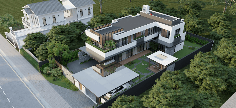 Sân vườn bao quanh được bố trí gọn gàng với thảm cỏ, lối dạo và chòi nghỉ ngoài trời, mang lại cảm giác nghỉ dưỡng riêng tư giữa đô thị