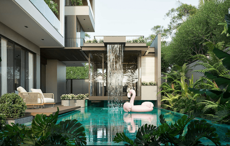 Thác nước đổ từ khối kiến trúc tầng hai xuống hồ bơi tạo hiệu ứng thị giác mạnh, trong khi mảng xanh nhiệt đới bao quanh giúp tổng thể vừa sang trọng vừa đậm chất resort riêng tư 