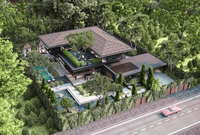 Khu vực này bố trí cây xanh trung tâm kết hợp bàn ghế thư giãn, tạo nên khoảng sinh hoạt ngoài trời riêng tư và đầy chất nghỉ dưỡng 