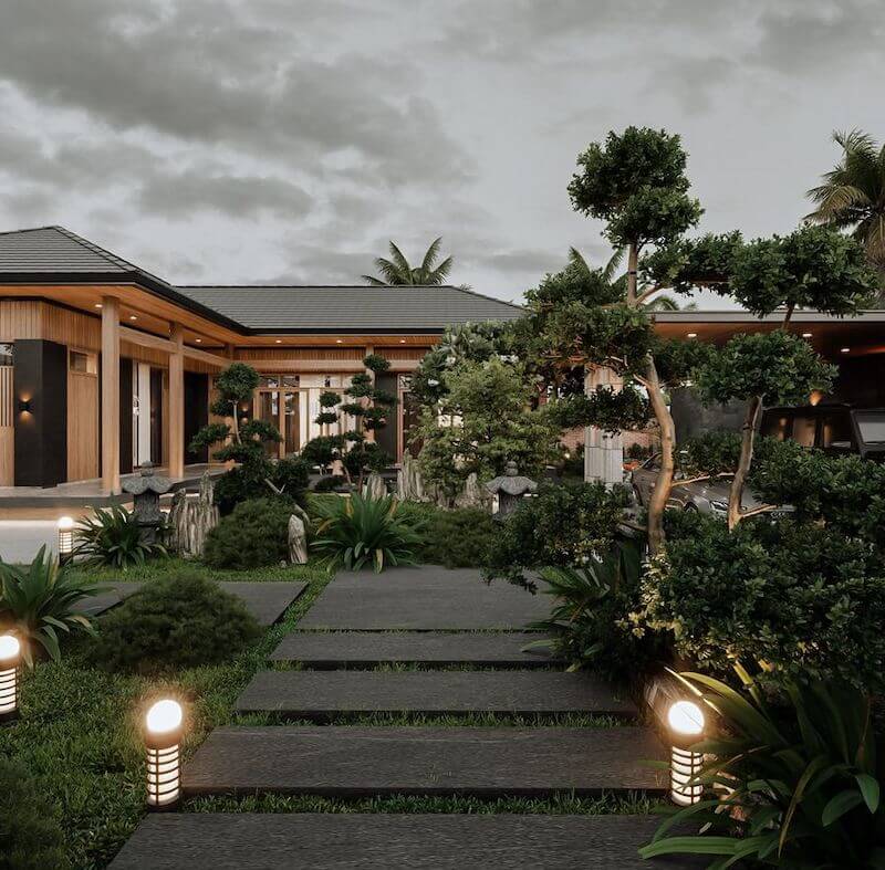 Hệ thống chiếu sáng cảnh quan cần bố trí theo lớp, dùng đèn chống nước đạt chuẩn và ưu tiên ánh sáng vàng ấm để tăng chiều sâu, đảm bảo an toàn 