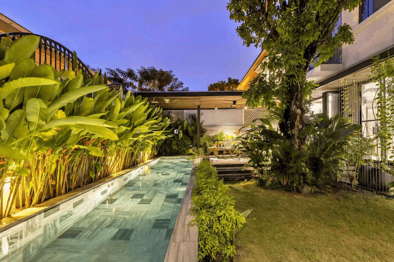 Hệ thống đèn âm dưới chân bụi chuối và các loại cây lá lớn tạo hiệu ứng ánh sáng hắt lên thân và tán lá, làm nổi bật sắc xanh và tạo chiều sâu cho khu vườn