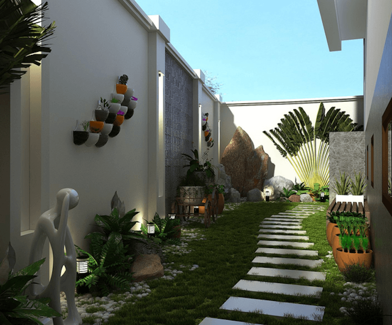 Tổng thể khu vườn mang lại cảm giác yên tĩnh, riêng tư và gần gũi thiên nhiên, phù hợp để thư giãn, tản bộ nhẹ hoặc làm góc cảnh quan trang trí cho ngôi nhà