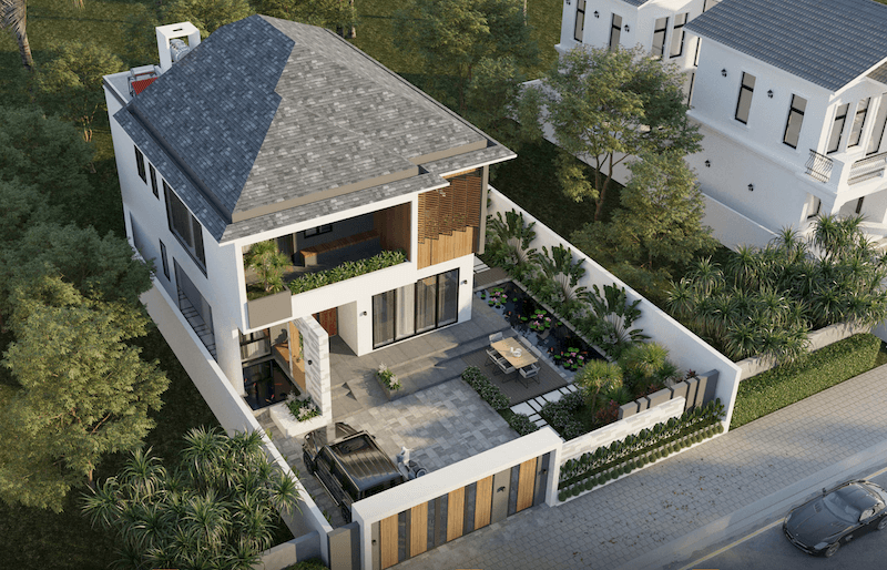 Tầng hai có ban công rộng, bố trí bồn cây xanh chạy dọc lan can và một khu vực ngồi thư giãn phía trong, được che chắn bởi lam gỗ trang trí