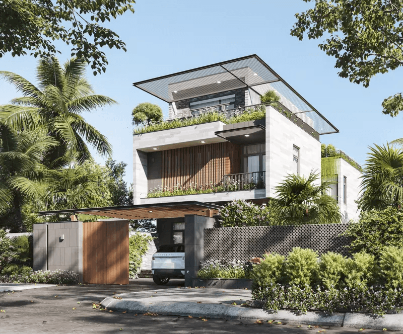 Khu vườn bao quanh ngôi nhà được thiết kế xanh mát với nhiều cây nhiệt đới, thảm cỏ và bụi hoa tạo không gian trong lành, thư giãn