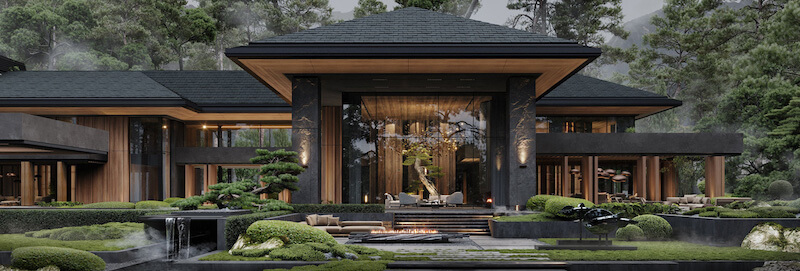 Biệt thự sân vườn phong cách Nhật Bản đặc trưng bởi không gian tối giản, hồ cá Koi, đá, sỏi, cây tùng và bố cục thiền định 