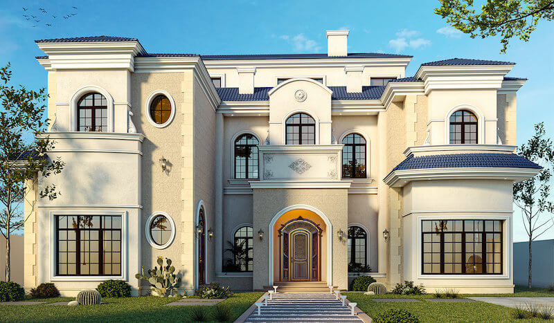 Biệt thự sân vườn phong cách Châu Âu nổi bật với bố cục đối xứng, thảm cỏ rộng, đài phun nước trung tâm và hệ cây cắt tỉa chuẩn mực 