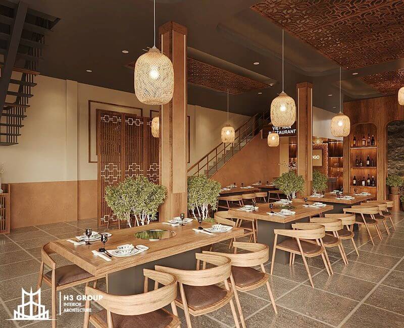 Đối với nội thất, cần lựa chọn vật liệu bền, dễ vệ sinh, bố trí nội thất tối ưu lối di chuyển đảm bảo ánh sáng, màu sắc hài hòa và phù hợp phong cách nhà hàng