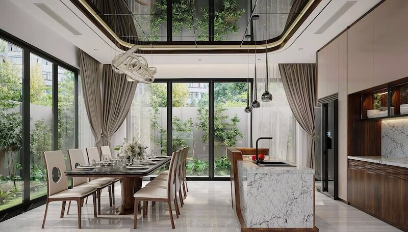 Bếp và phòng ăn dùng gỗ óc chó cần cân bằng đá sáng, đảm bảo tam giác công năng, tránh đối diện cửa chính, kiểm soát ẩm và ánh sáng hợp lý