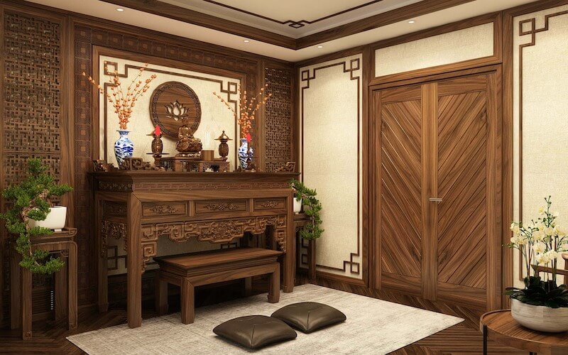 Phòng thờ dùng gỗ óc chó cần bố trí trang nghiêm, hướng chuẩn phong thủy, tránh ẩm thấp, đảm bảo thông thoáng và ánh sáng vàng dịu