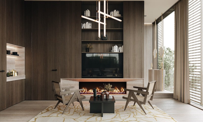 Mảng tường gỗ óc chó ốp full cao kịch trần và lò sưởi âm dài tinh tế, tạo cảm giác ấm áp, sang trọng và đầy chiều sâu thị giác