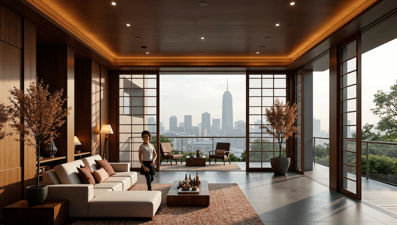 Hệ cửa trượt khung gỗ óc chó chia ô thanh mảnh và trần ốp gỗ giật cấp ánh sáng vàng, tạo cảm giác ấm áp nhưng vẫn khoáng đạt, mở trọn tầm nhìn skyline