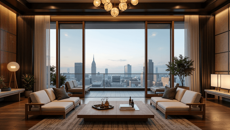 Hệ vách kính Low-E khổ lớn mở trọn tầm nhìn skyline và nội thất gỗ óc chó tông trầm bố trí đối xứng, tạo cảm giác ấm áp nhưng vẫn đẳng cấp, thoáng đạt