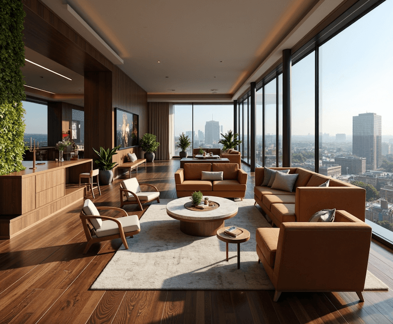 Nội thất da nâu caramel và gỗ óc chó tông ấm bố trí mở, tôn lên cảm giác sang trọng, thoáng đãng và đậm chất nghỉ dưỡng giữa tầng cao