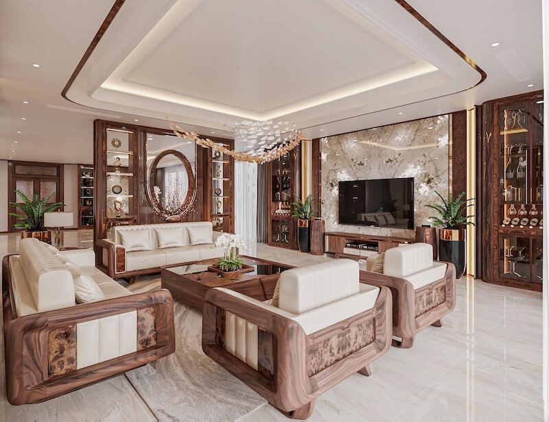 Kết hợp gỗ óc chó với đá tự nhiên tạo tương phản ấm - lạnh, tăng chiều sâu sang trọng, cân bằng thị giác và giúp không gian thoáng, đẳng cấp hơn