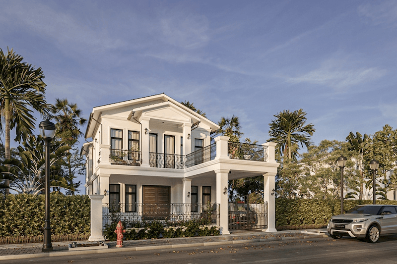 Biệt thự tân cổ điển 2 tầng mang vẻ đẹp thanh lịch với mái Thái dốc nhẹ kết hợp ban công rộng, tạo cảm giác thoáng đãng như một khu nghỉ dưỡng