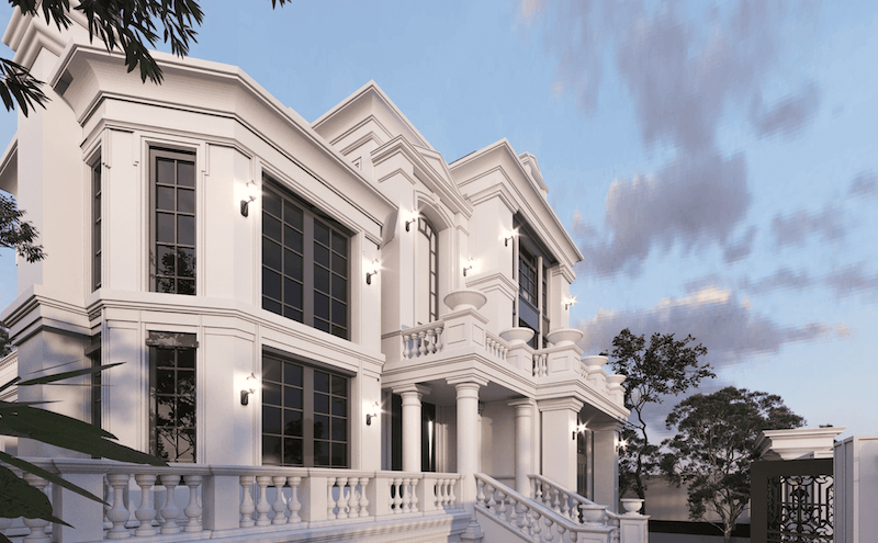 Các mảng phào chỉ kẻ thẳng và cột trụ thanh lịch tạo nên tổng thể tinh tế, chuẩn mực kiến trúc châu Âu hiện đại