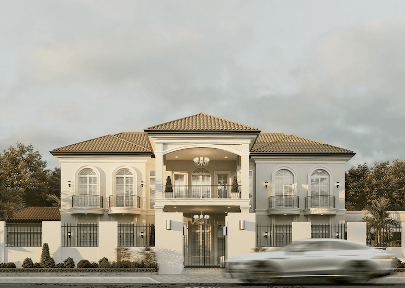 Khối sảnh trung tâm với cột lớn tạo điểm nhấn quyền quý, giúp tổng thể công trình toát lên vẻ bề thế và đẳng cấp