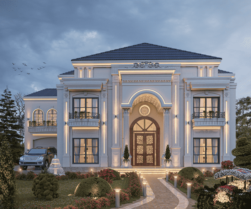 Ánh sáng ngoại thất cùng lối đi sân vườn dẫn vào cửa chính tạo nên tổng thể sang trọng, chuẩn phong cách dinh thự châu Âu