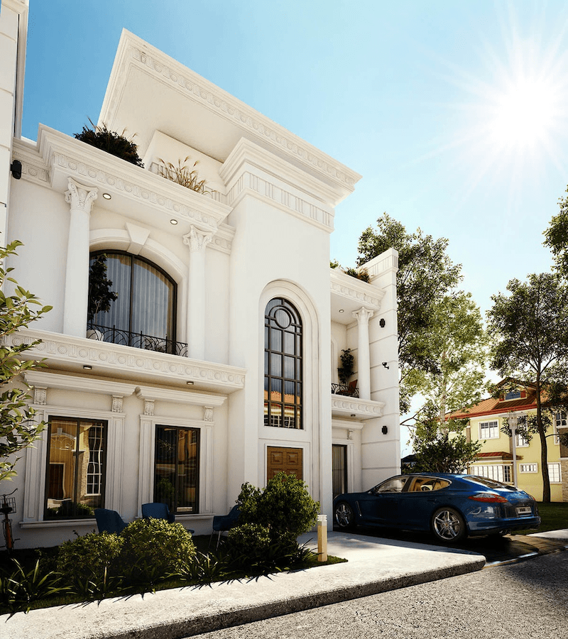 Biệt thự tân cổ điển nổi bật với hệ cửa vòm cao xuyên tầng kết hợp cột Corinthian thanh thoát, tạo điểm nhấn sang trọng