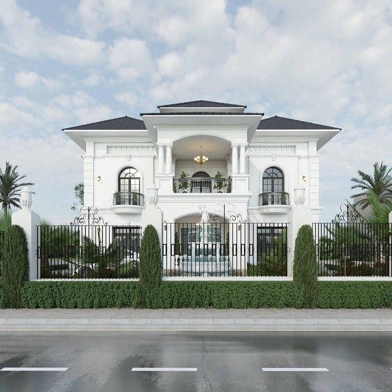 Biệt thự tân cổ điển 2 tầng gây ấn tượng với mặt tiền đối xứng, sảnh trung tâm vòm cao kết hợp hệ cột trụ thanh thoát, tạo vẻ bề thế và chuẩn mực kiến trúc châu Âu