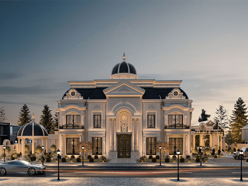 Tổng thể nổi bật với mái vòm trung tâm sang trọng kết hợp hệ phù điêu và cột trụ đối xứng, tạo nên diện mạo bề thế chuẩn phong cách dinh thự châu Âu