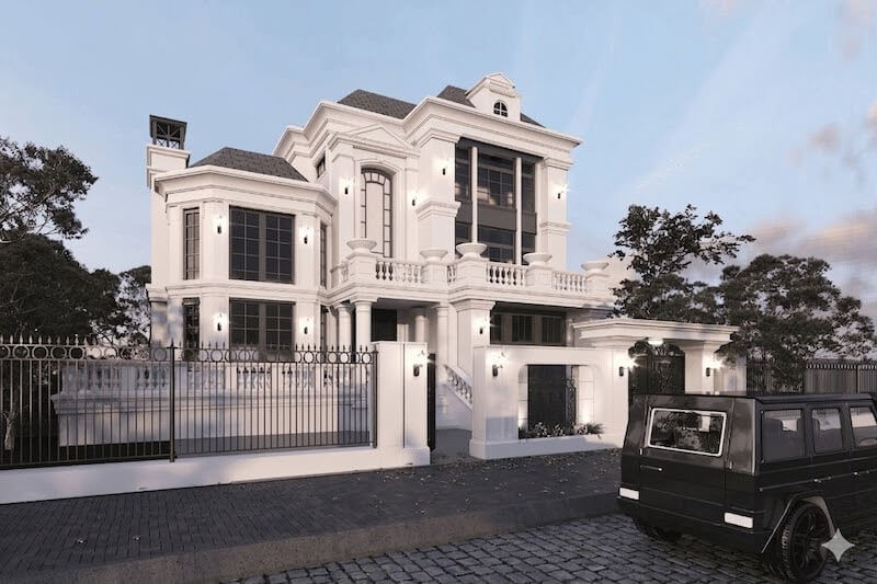 Căn biệt thự tân cổ điển gây ấn tượng với ban công lan can con tiện cùng hệ cột trụ vững chãi, tôn lên vẻ bề thế và sang trọng đặc trưng của kiến trúc châu Âu