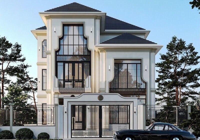 Thiết kế nổi bật nhờ mảng tường bo cong mềm mại quanh khung cửa, mang lại nét duyên dáng và khác biệt cho tổng thể kiến trúc Tân cổ điển