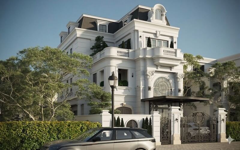 Biệt thự Tân cổ điển 3 tầng gây ấn tượng với mái Mansard đặc trưng, ban công lan can đá uốn cong và hệ cửa vòm lớn tôn lên vẻ sang trọng