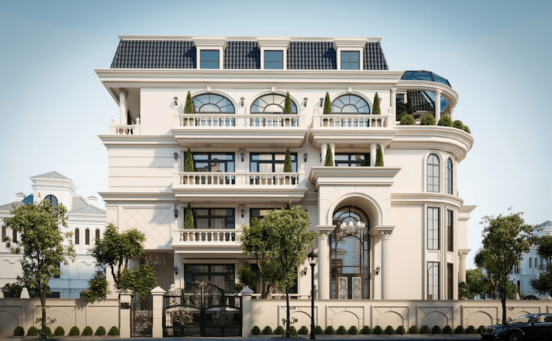 Phào chỉ và thức cột tạo chiều sâu kiến trúc, nhấn mạnh tỷ lệ mặt tiền, giúp biệt thự tân cổ điển trở nên bề thế, sang trọng và chuẩn mực châu Âu