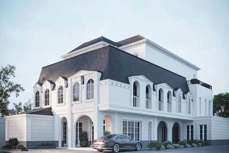 Thiết kế sử dụng tông trắng thanh lịch kết hợp mái tối màu, giúp tổng thể công trình nổi bật, thể hiện vẻ đẳng cấp và trường tồn theo thời gian