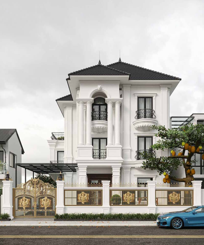 Biệt thự Tân cổ điển 3 tầng nổi bật với hệ cột đôi Corinthian và ban công sắt uốn nghệ thuật, tạo nên vẻ đẹp sang trọng, cân đối và đầy khí chất quý tộc