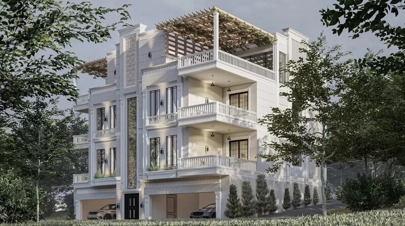 Biệt thự tân cổ điển gây ấn tượng với quy mô đồ sộ cùng bố cục mặt tiền đối xứng, thể hiện rõ phong thái bề thế và đẳng cấp của công trình