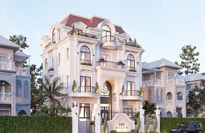Dinh thự tân cổ điển 4 tầng nổi bật với hình khối cao ráo và mái Mansard sang trọng, tạo nên diện mạo bề thế chuẩn phong cách châu Âu cổ điển