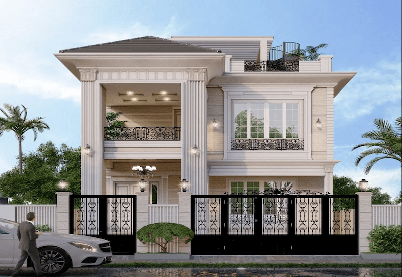 Mặt tiền cân đối kết hợp ban công sắt mỹ thuật và mái Thái thanh thoát, mang lại vẻ sang trọng nhưng vẫn tinh tế, hiện đại