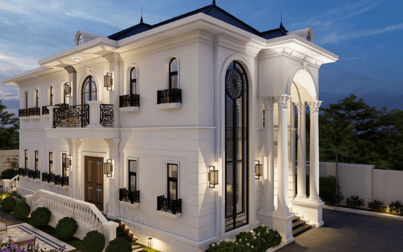 Các ô cửa vòm cao và ban công sắt mỹ thuật giúp mặt tiền trở nên mềm mại, tôn lên vẻ quý phái đặc trưng của kiến trúc châu Âu