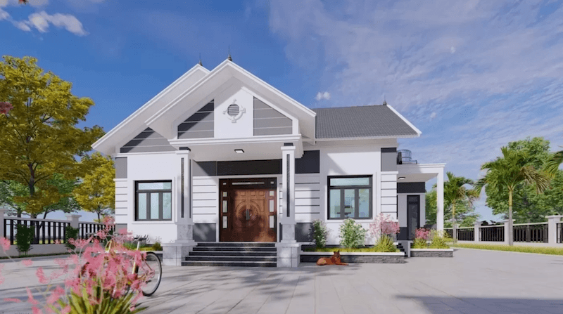 Khoảng sân rộng phía trước cùng tiểu cảnh hoa và cây xanh giúp tổng thể trở nên thoáng đãng, gần gũi và đầy sức sống