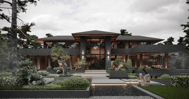 Mặt tiền sử dụng nhiều kính và vật liệu gỗ – đá tối màu, hài hòa với sân vườn được bố trí tiểu cảnh, cây bonsai và hồ nước trước nhà, mang lại không gian sống sang trọng và tĩnh tại