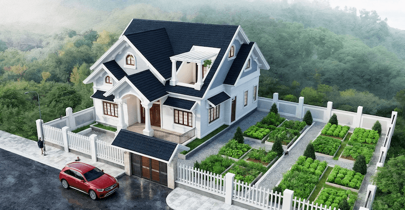 Sân vườn được quy hoạch gọn gàng với lối đi sỏi, khu trồng rau xanh và hàng rào trắng bao quanh, mang lại cảm giác yên bình và gần gũi với thiên nhiên